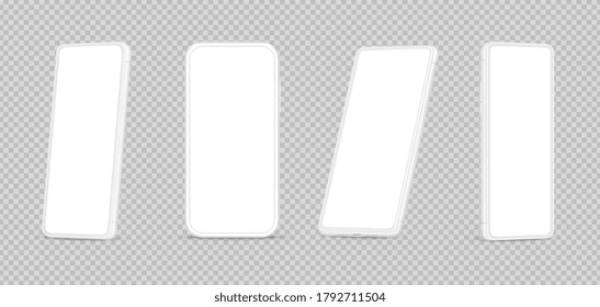 White smartphone mockup. Isolated 3d phone with blank screen template. Different perspective modern realistic cellphone vector illustration