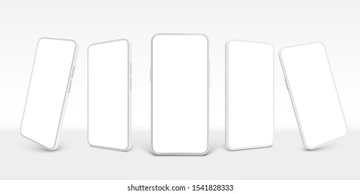 White smartphone mockup. Mobile phone, empty smartphones and modern frameless smartphone device screen realistic 3D vector template set. Cellular phone new model cliparts collection