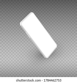 White smartphone mockup. Realistic 3d cellphone with blank screen. Vector modern phone template isolated on white background. Illustration of cellphone smartphone, device 3d screen.