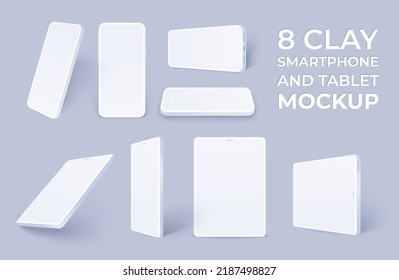 White Smartphone Mockup And Tablet Pack, Clay Realistic Mobile Phone And Pad Template In Different Angles Isolated. 3D Vector Quality Illustration Mock Up For Presentation Ui Design Or Application.