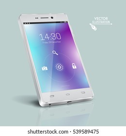 White smartphone. Modern user interface with a screen lock. Touchscreen smartphone. Concept of modern features, mass media. Vector illustration.