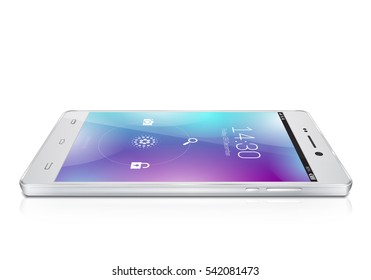 White smartphone. Modern user interface with a screen lock. Touchscreen smartphone. Concept of modern features, mass media. Vector illustration.