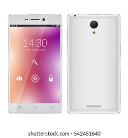 White smartphone. Modern user interface with a screen lock. Touchscreen smartphone. Concept of modern features, mass media. Vector illustration.