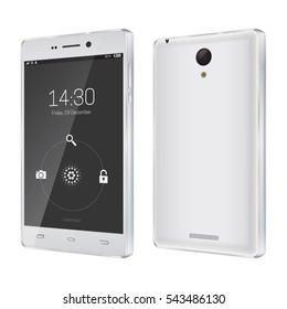 White smartphone. Modern user interface with a screen lock. Touchscreen smartphone. Concept of modern features, mass media. Vector illustration.