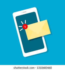 white smartphone with new message or email notification on dark blue screen; vector illustration