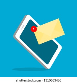 white smartphone with new message or email notification on dark blue screen; vector illustration