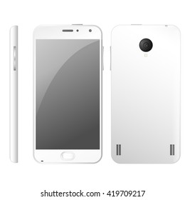 White smartphone. Smart-phone on white background. Layout gadget to the front, back, side. Isolation smartphone. Vector smart phone image.