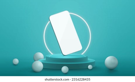 Weißes Smartphone auf blauem Podium in blauer abstrakter Szene mit neonweißem Ring und 3D-Kugeln um das Podium.