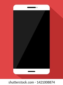 White smartphone on red background. Flat design with shadow effect.