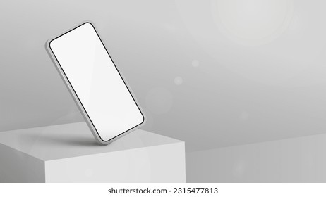 White smartphone on square podium for product presentation, 3d realistic vector illustration. Smartphone mockup for your arts