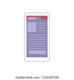 White smartphone with opened electronic book or news page for online reading and education concept isolated on white background. Flat vector illustration of telephone with informational source.