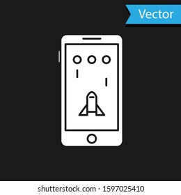 White Smartphone and playing in game icon isolated on black background. Mobile gaming concept.  Vector Illustration