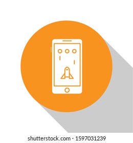 White Smartphone and playing in game icon isolated on white background. Mobile gaming concept. Orange circle button. Vector Illustration