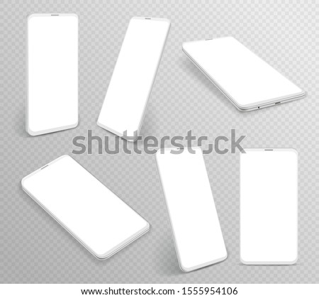 White smartphone. Realistic 3d cellphone in different angles views, frameless blank mobile phones modern device template, vector side perspective cell mockups