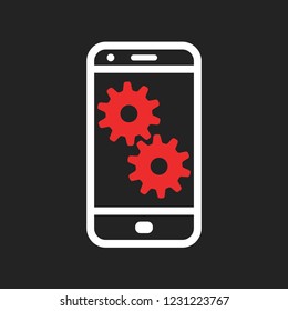 White smartphone with red gears icon.