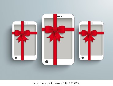 White smartphone with red ribbon on the grey background. Eps 10 vector file.
