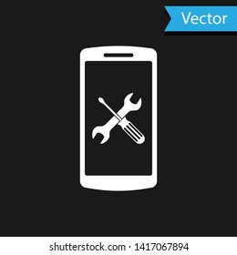 White Smartphone with screwdriver and wrench icon isolated on black background. Adjusting, service, setting, maintenance, repair, fixing.  Vector Illustration