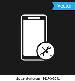 White Smartphone with screwdriver and wrench icon isolated on black background. Adjusting, service, setting, maintenance, repair, fixing.  Vector Illustration