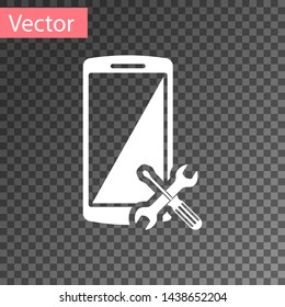 White Smartphone with screwdriver and wrench icon isolated on transparent background. Adjusting, service, setting, maintenance, repair, fixing.  Vector Illustration