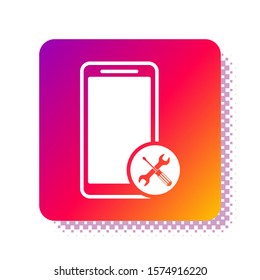 White Smartphone with screwdriver and wrench icon isolated on white background. Adjusting, service, setting, maintenance, repair, fixing. Square color button. Vector Illustration