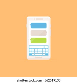 White smartphone showing blank chat message bubbles on the screen vector illustration in flat style