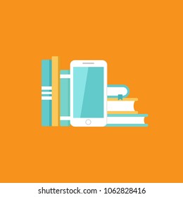 white smartphone with stack of books. Isolated on orange background. Flat vector simple icon. Internet knowledge symbol. Good for web and mobile design.  on-line education sign. 