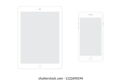 Teléfono inteligente blanco y tableta blanca con pantalla gris sobre fondo blanco. Teléfono inteligente y tableta realista. Smartphone y tableta superior, aislado vectorial.