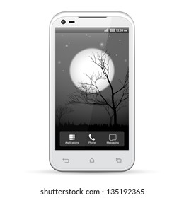 White Smartphone Template Display Screen Resolution 480x800. Dark Night Nightmare Scary Halloween Theme. Moon, Trees. Isolated On White Background. Vector EPS10