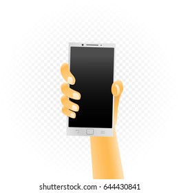 White smartphone template hold up in hand isolated on white transparent background. Phone technology show concept