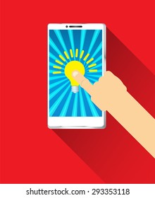 white smartphone, touching graphic idea lamp screen. Using mobile smart phone, flat design concept. Eps 10 vector illustration