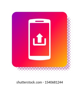 White Smartphone with upload icon isolated on white background. Square color button. Vector Illustration