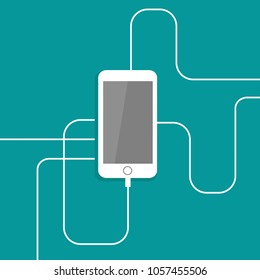 white smartphone with usb flex and white wire cable. Flat vector icon isolated on blue color. mobile device. Listen sound sign. Music and volume symbol. Good for web and mobile, infographics. 