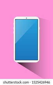 White smartphone vector, blue screen in pink background.