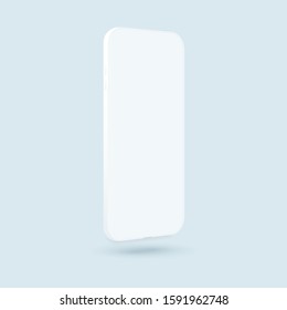 White smartphone vector mockup. Trendy clay mobile phone template with blank screen for design app. Side view mock up. Clean device model.