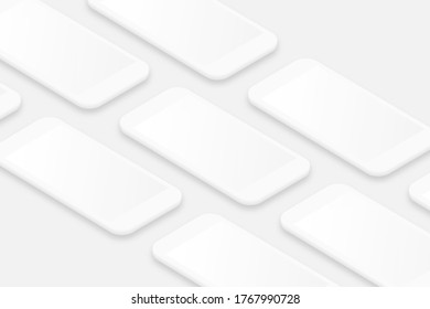 White smartphones mockup with blank screen. Realistic cell phones frames with shadow. 3d isometric smartphones in perspective view for design of moving presentation, application. UI design. Vector