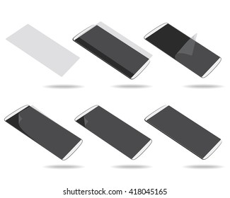 White smartphones screen protector set different foreshortening. Vector illustration. EPS 10. No gradients. Raw materials are easy to edit.