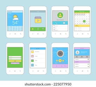 White smartphones set with mobile ui flat line design template isolated vector illustration