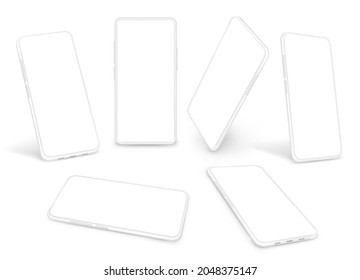 White smartphones template. Gadget advertising mockup, clean cellphone clipart. Isolated 3d mobile phones, smart technologies exact vector set