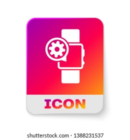 White Smartwatch and gear icon isolated on white background. Adjusting app, service concept, setting options, maintenance, repair, fixing. Rectangle color button. Vector Illustration