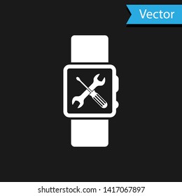 White Smartwatch with screwdriver and wrench icon isolated on black background. Adjusting, service, setting, maintenance, repair, fixing.  Vector Illustration