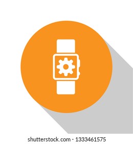 White Smartwatch setting icon isolated on white background. Smart watch settings. Orange circle button. Flat design. Vector Illustration