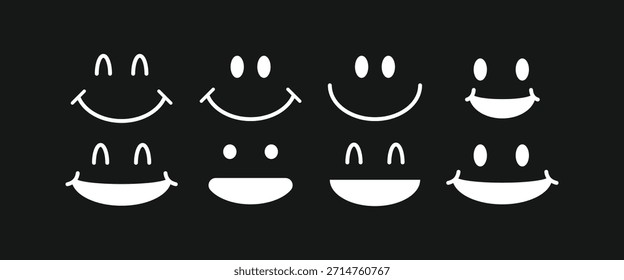 Icono de sonrisa blanca sobre fondo negro. Símbolos faciales simples, positivos y felices para la interfaz de usuario, la clasificación de sentimientos o el concepto emocional