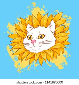 A white smiling cat like sunflower. Print for t-shirt