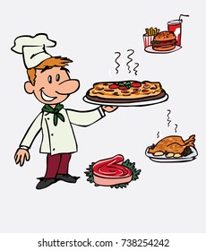 White smiling chef with tray and different dishes to place on it. 
