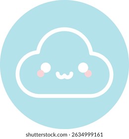 White smiling cloud icon with cute face on sky blue circular background