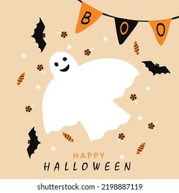 White smiling ghost, Happy Halloween text, BOO inscription on bunting flags, orange candies and black bats. Cute hand drawn greeting card, trick or treat. Vector holiday design, festive print.
