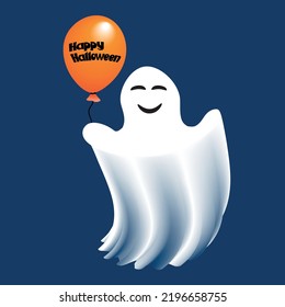 Ilustración del vector fantasma de sonrisa blanca. Monstruo espeluznante de Halloween, espíritu aterrador o poltergeist volando por la noche, sosteniendo un globo con la inscripción "Halloween feliz"