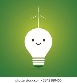 Bombilla blanca sonriente sobre fondo verde - Emoji Lightbulb con cara divertida, emoción - Concepto creativo de la idea, energía renovable verde, soluciones ecológicas, energía eólica - Ilustración vectorial