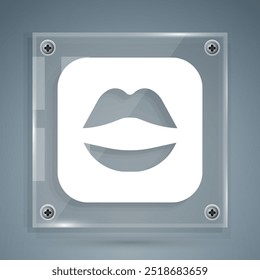 White Smiling lips icon isolated on grey background. Smile symbol. Square glass panels. Vector