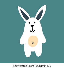 a white smiling rabbit. cute cartoon-style vector image isolated on a blue background